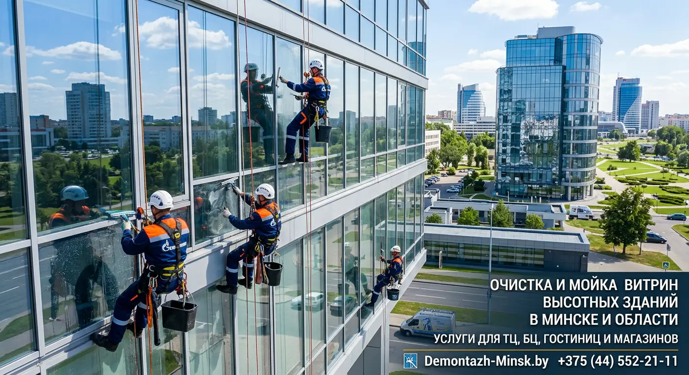 Очистка и мойка витрин высотных зданий в Минске