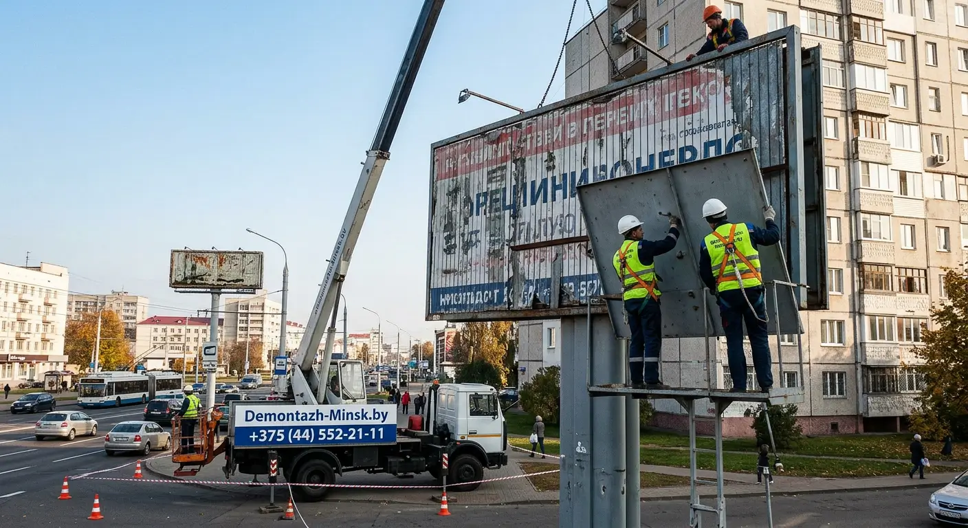 Работы по снятию старых рекламных щитов в Минске