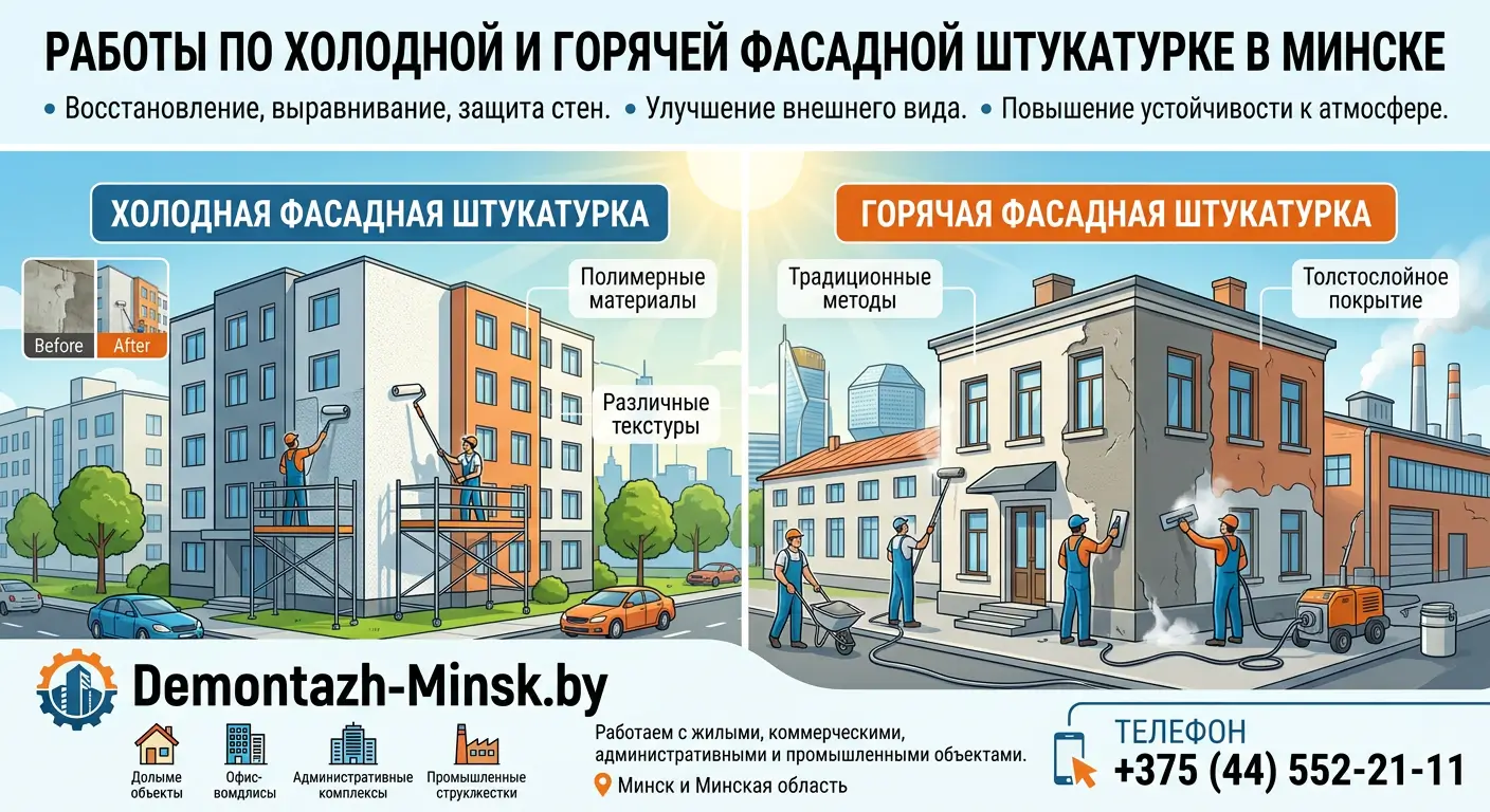 Работы по холодной и горячей фасадной штукатурке в Минске