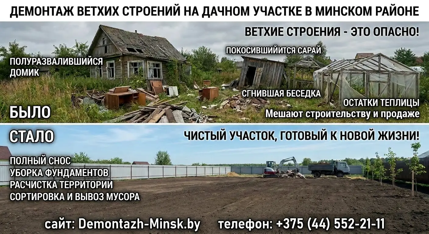 Демонтаж ветхих строений на дачном участке в Минском районе