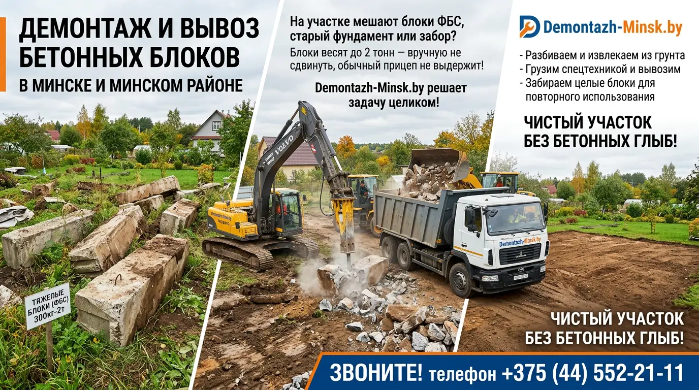 Демонтаж и вывоз бетонных блоков с приусадебного участка в Минске и Минском районе